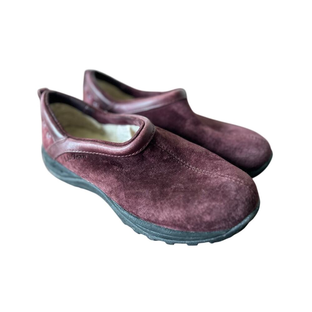 L.L. Bean Burgundy Suede Fleece Lined Slip On Clogs Shoes 6.5